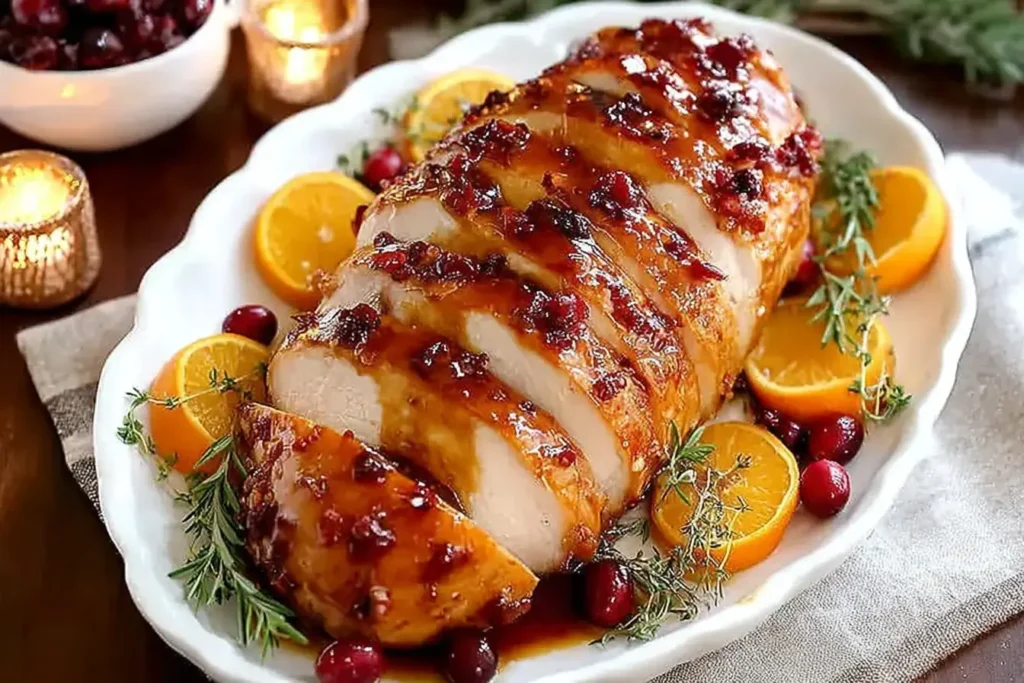 Cranberry Orange Glazed Turkey Breast on a white serving platter with orange slices, cranberries, and rosemary sprigs for a festive dinner presentation.