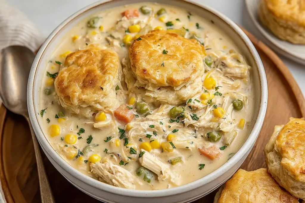 Bowl of Crock Pot Chicken Pot Pie topped with flaky golden biscuits, shredded chicken, peas, carrots, and corn in a creamy sauce.