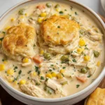 Bowl of Crock Pot Chicken Pot Pie topped with flaky golden biscuits, shredded chicken, peas, carrots, and corn in a creamy sauce.