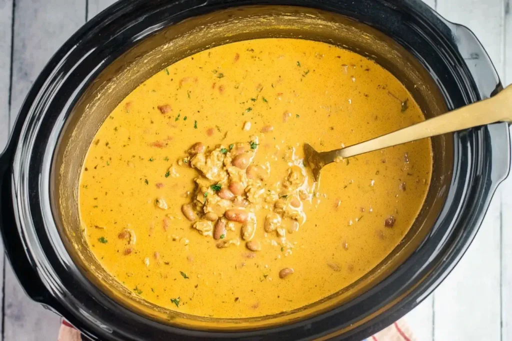 Crockpot Creamy Pumpkin Chili simmering in a slow cooker with sausage, beans, and pumpkin puree.