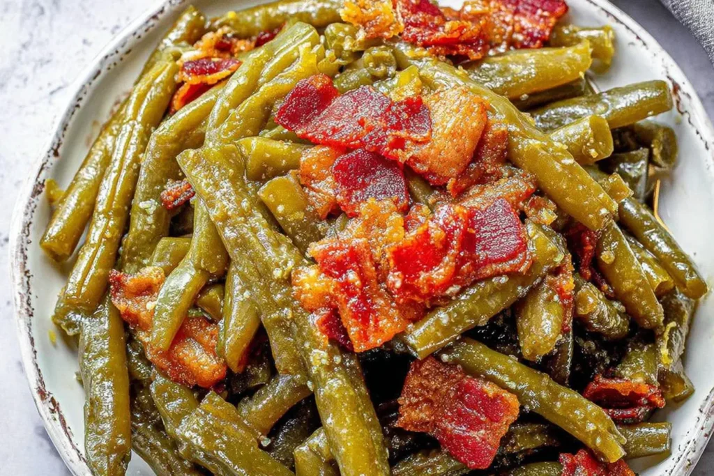 Close-up of Crack Green Beans with crispy bacon pieces, coated in a sweet and savory brown sugar glaze on a white plate.