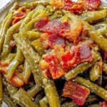Close-up of Crack Green Beans with crispy bacon pieces, coated in a sweet and savory brown sugar glaze on a white plate.