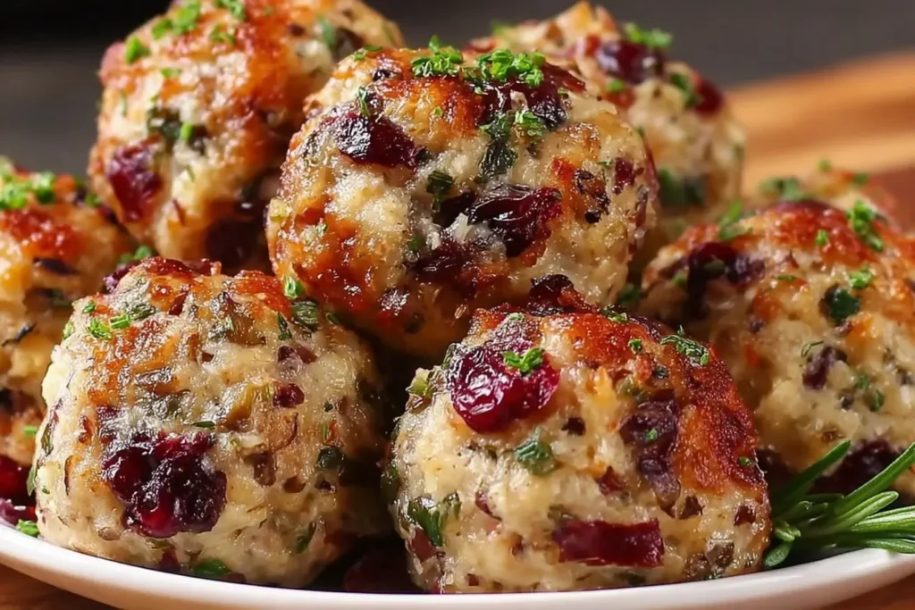 Cranberry Turkey Stuffing Balls baked golden brown with fresh herbs and cranberries on a white plate