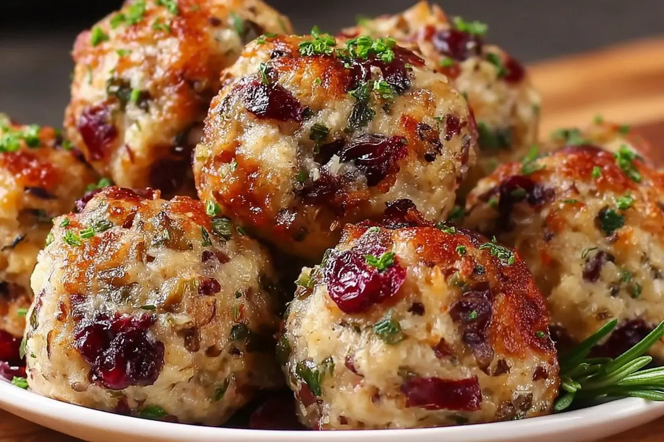 Cranberry Turkey Stuffing Balls baked golden brown with fresh herbs and cranberries on a white plate