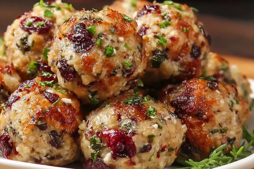 Cranberry Turkey Stuffing Balls with golden crust and herbs served on a white plate