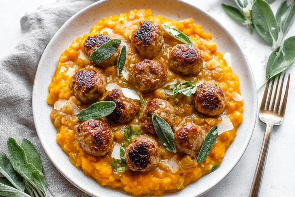 Plate of Turkey Meatballs Pumpkin Sage Sauce served over creamy mashed pumpkin and garnished with fresh sage leaves.