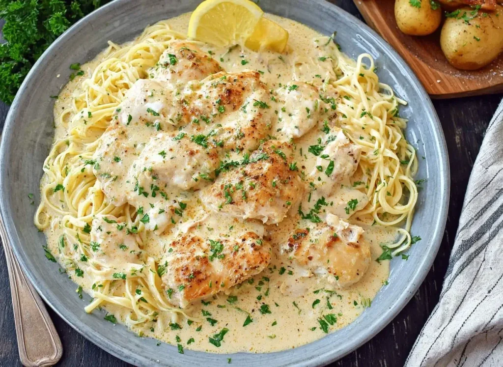 Crock Pot Angel Chicken served over angel hair pasta with creamy garlic sauce and fresh parsley.