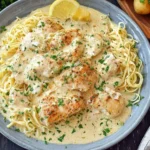 Crock Pot Angel Chicken served over angel hair pasta with creamy garlic sauce and fresh parsley.