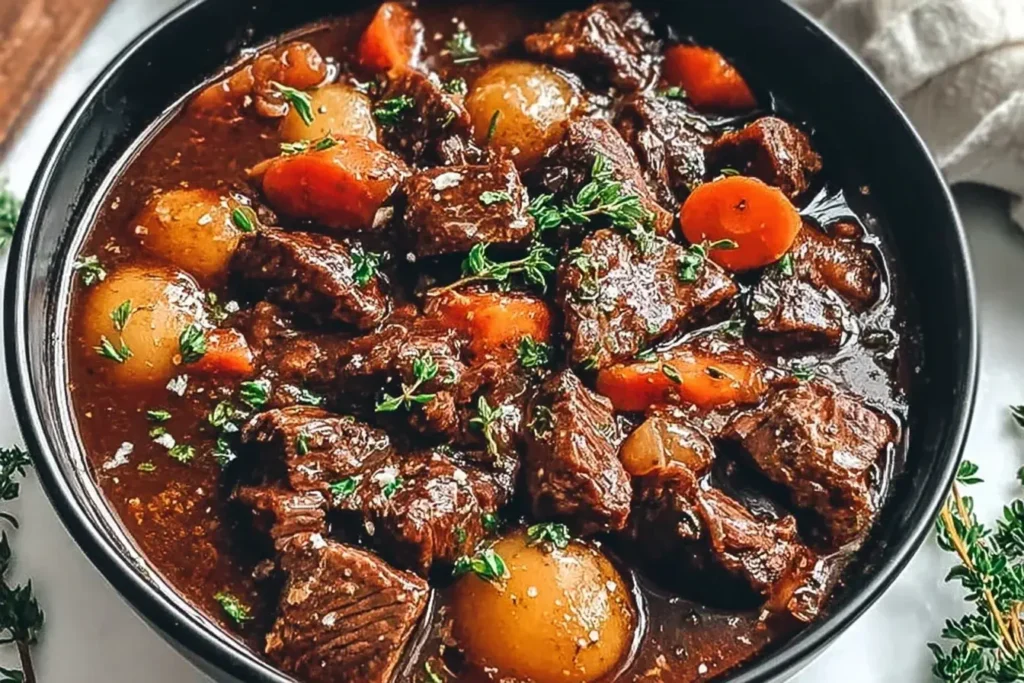 One Pot Marry Me Beef served in a black bowl with tender beef, carrots, and potatoes in rich gravy