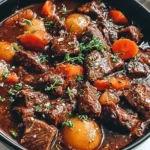 One Pot Marry Me Beef served in a black bowl with tender beef, carrots, and potatoes in rich gravy