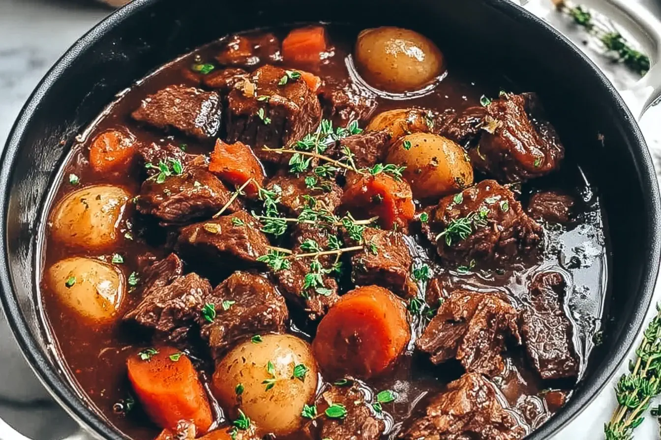 One Pot Marry Me Beef with tender chunks of beef, potatoes, and carrots in a rich, savory sauce