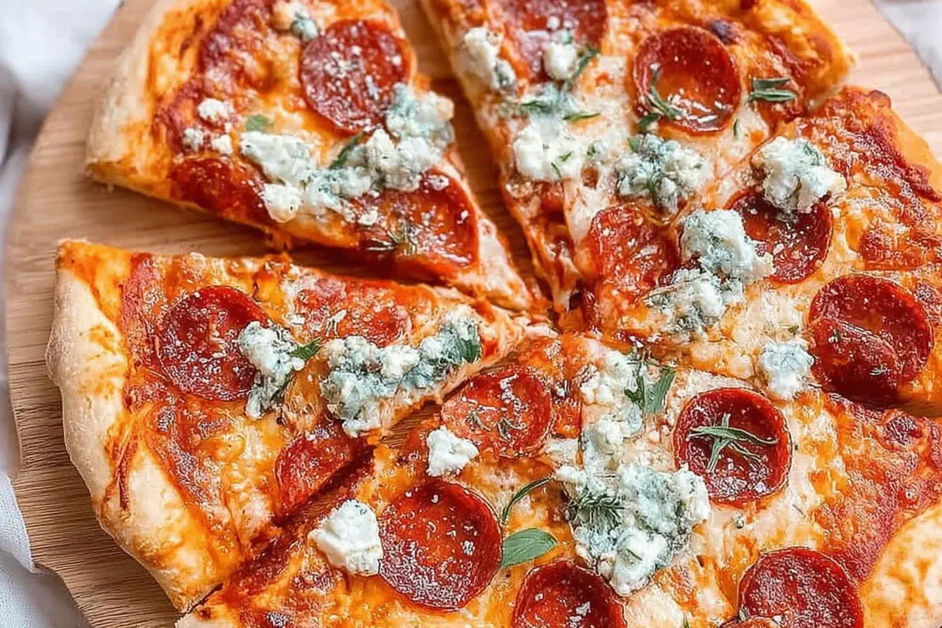 Hot Honey Pepperoni Ricotta Pizza topped with melted mozzarella, creamy ricotta, and spicy-sweet flavors on a golden crust.