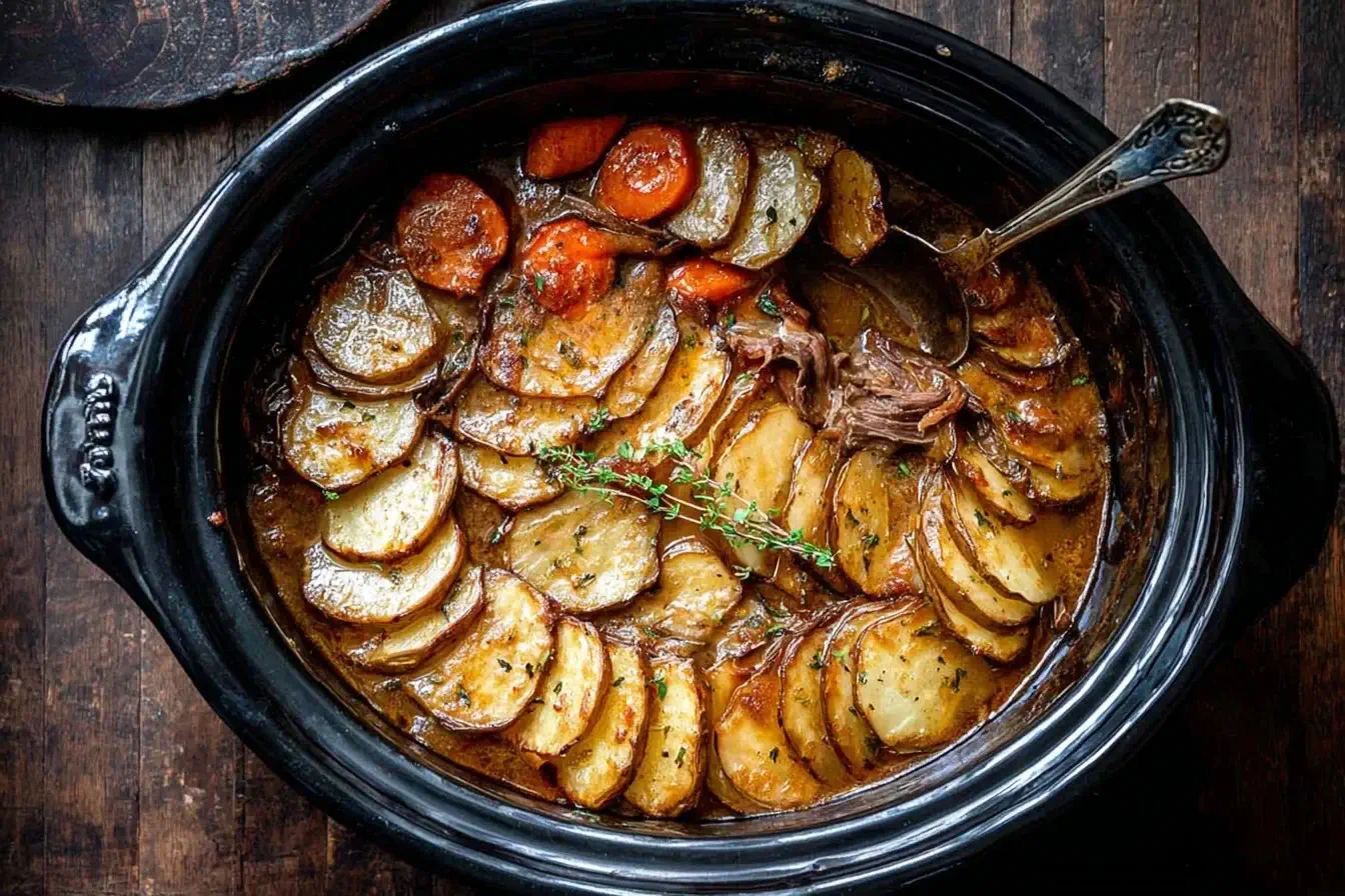 Slow Cooker Welsh Lamb Hotpot with layered potatoes, carrots, and tender lamb in rich gravy inside a black crockpot