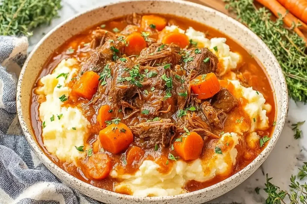 Fall Apple Cider Stew Mash with tender beef, carrots, and rich gravy over mashed potatoes, garnished with fresh herbs