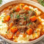 Fall Apple Cider Stew Mash with tender beef, carrots, and rich gravy over mashed potatoes, garnished with fresh herbs