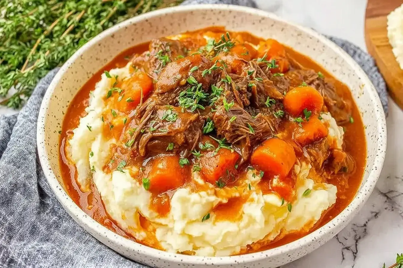 Fall Apple Cider Stew Mash served over creamy mashed potatoes with tender beef and carrots in rich cider gravy