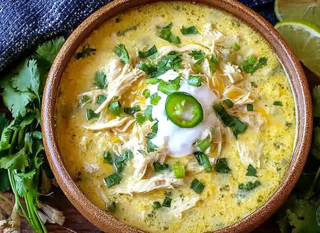 Creamy Slow Cooker Green Enchiladas Chicken Soup topped with sour cream, jalapeño, and fresh herbs served in a rustic bowl for the perfect comfort meal.
