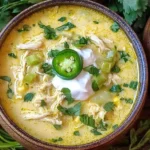 Bowl of Slow Cooker Green Enchiladas Chicken Soup topped with sour cream, jalapeño slices, and fresh cilantro for a creamy and flavorful comfort meal.