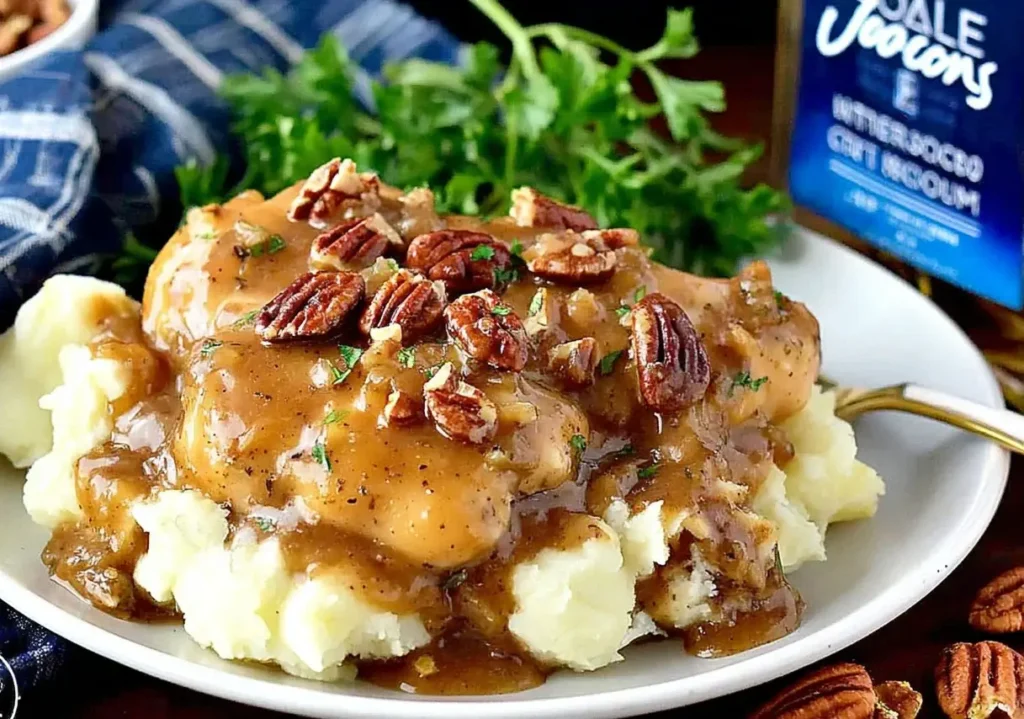 Maple Bourbon Pecan Chicken with mashed potatoes topped with rich maple bourbon sauce and toasted pecans, served on a white plate.