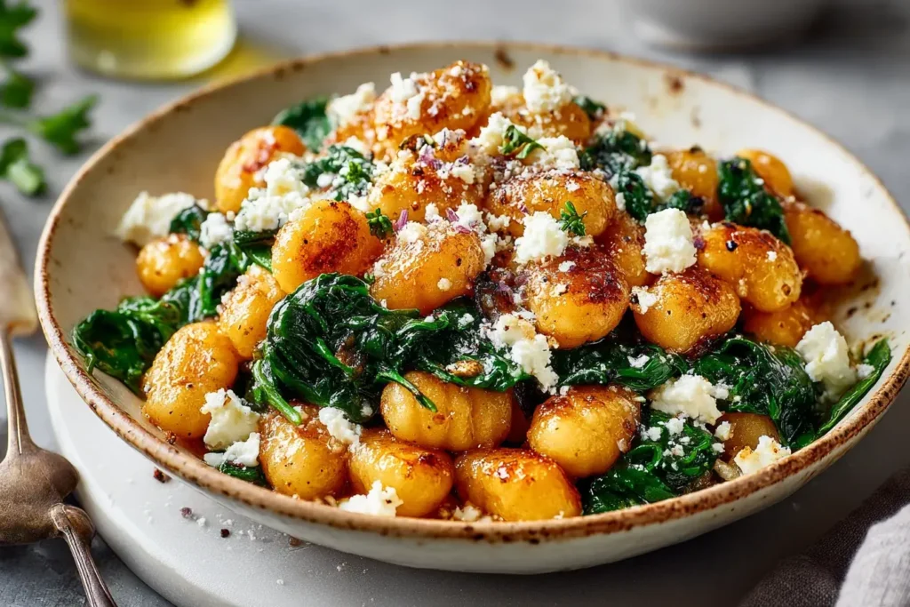 Crispy Gnocchi With Spinach And Feta served in a rustic bowl, topped with golden-brown gnocchi, sautéed spinach, and crumbled feta cheese.