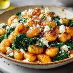 Crispy Gnocchi With Spinach And Feta served in a rustic bowl, topped with golden-brown gnocchi, sautéed spinach, and crumbled feta cheese.