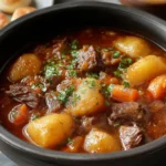 Comforting Crockpot Beef Stew with tender beef chunks, potatoes, and carrots simmered in rich broth, topped with fresh parsley.