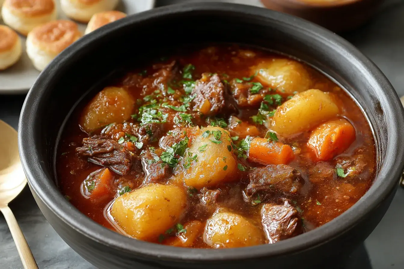 Comforting Crockpot Beef Stew with tender beef chunks, potatoes, and carrots simmered in rich broth, topped with fresh parsley.