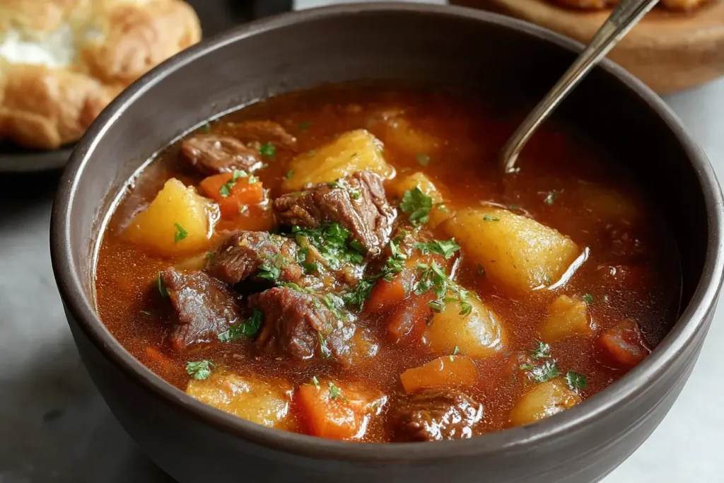 Comforting Crockpot Beef Stew with tender chunks of beef, carrots, and potatoes in a rich, savory broth, garnished with fresh parsley.