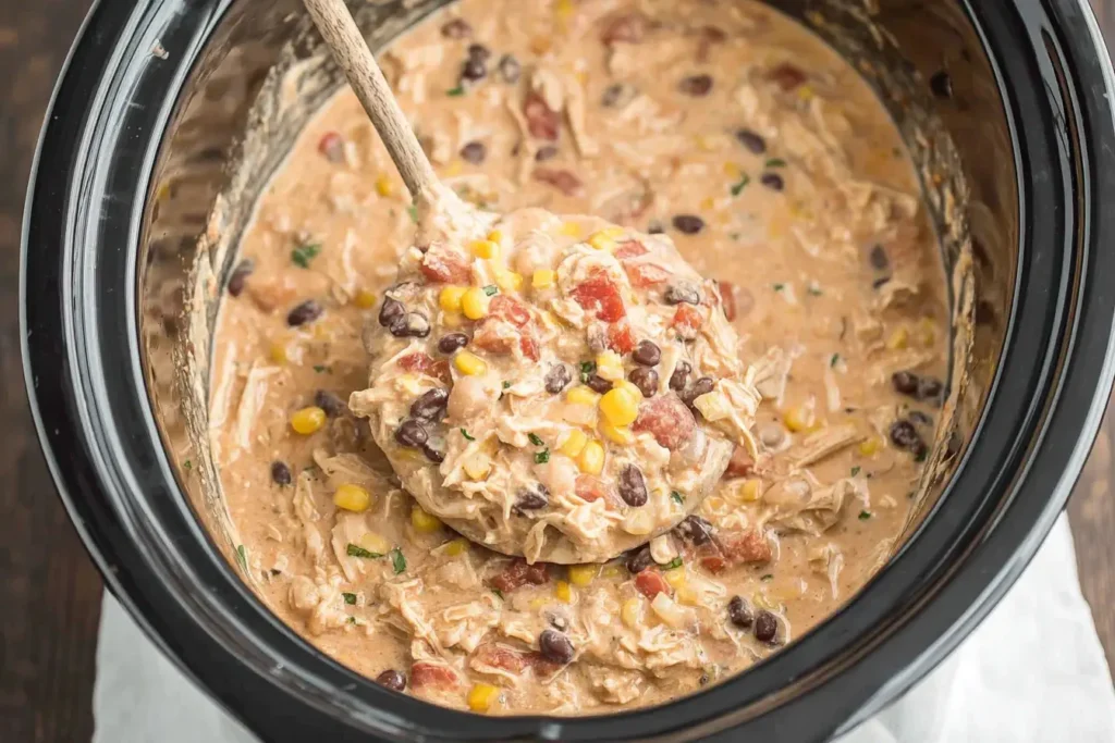 Creamy Crockpot White Chicken Chili with corn, black beans, and tomatoes being served from a slow cooker.