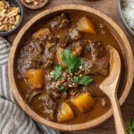Slow Cooker Beef Massaman Curry with tender beef, potatoes, and spices in a rich sauce, garnished with cilantro and peanuts.