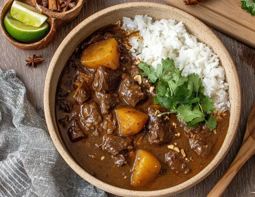 Slow Cooker Beef Massaman Curry served with rice, featuring tender beef, sweet potatoes, and fresh cilantro garnish.