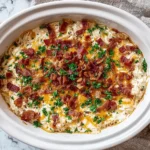 Creamy Crockpot Crack Chicken topped with crispy bacon, melted cheddar cheese, and fresh parsley in a white slow cooker.