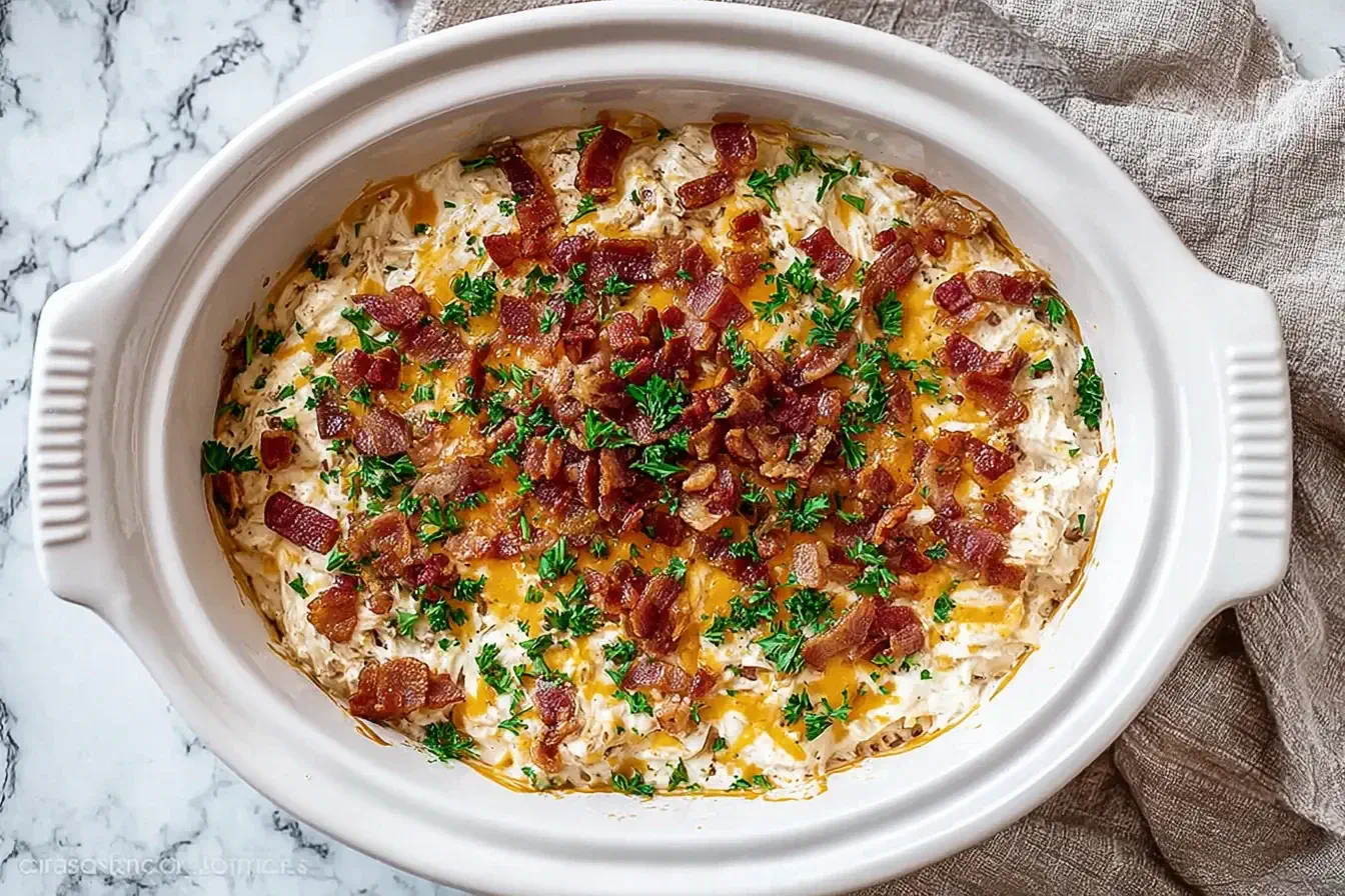 Creamy Crockpot Crack Chicken topped with crispy bacon, melted cheddar cheese, and fresh parsley in a white slow cooker.