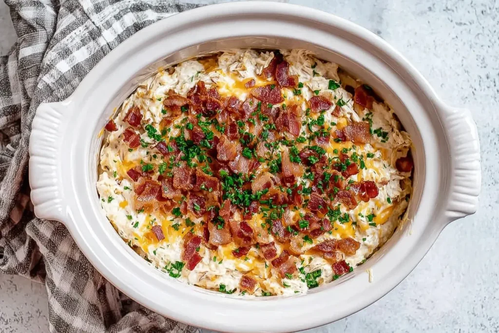 Creamy Crockpot Crack Chicken topped with melted cheddar, crispy bacon, and parsley in a white slow cooker, ready to serve.