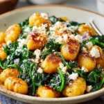Crispy Gnocchi With Spinach And Feta in a rustic bowl, featuring golden pan-fried gnocchi, sautéed spinach, and crumbled feta cheese.