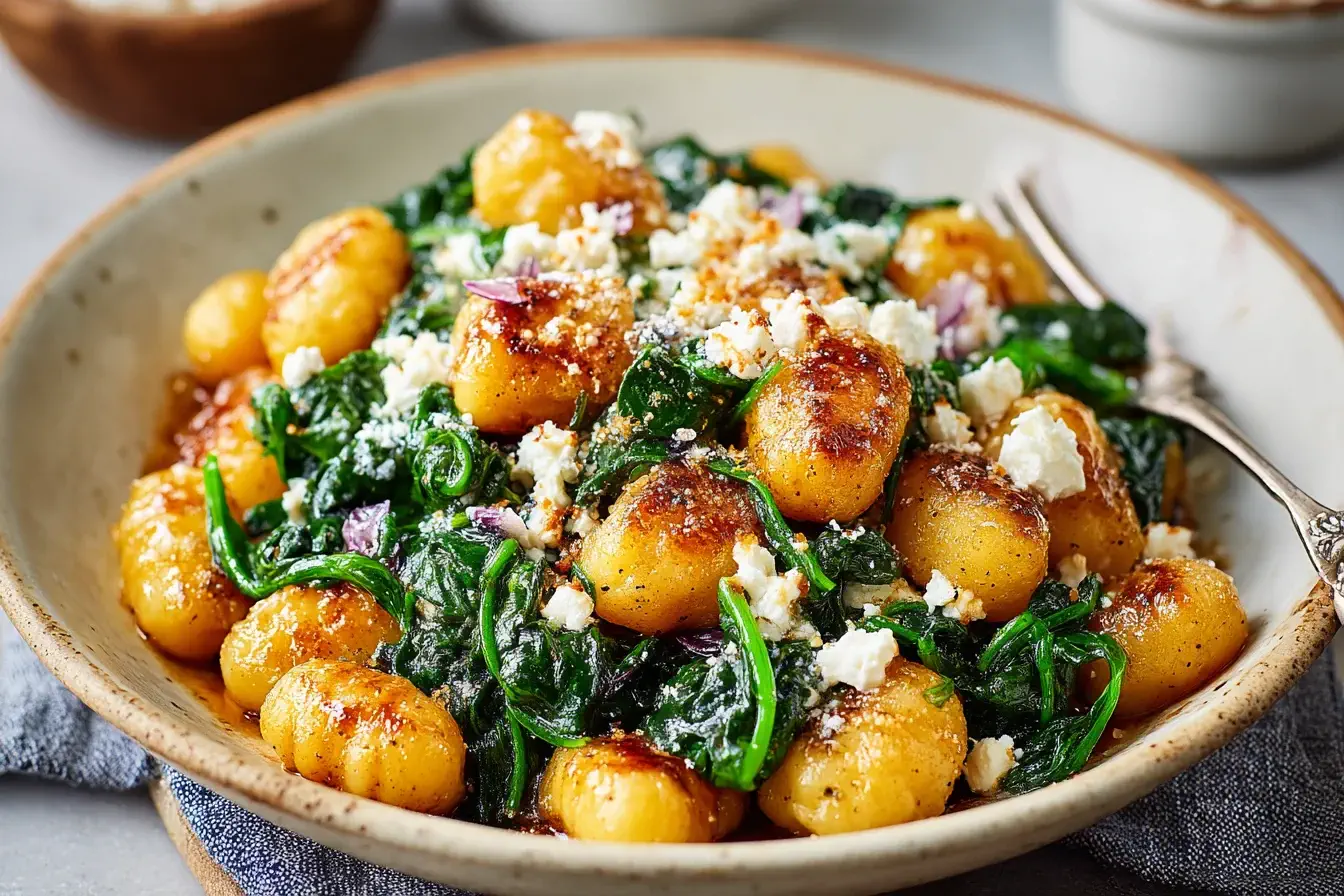 Crispy Gnocchi With Spinach And Feta in a rustic bowl, featuring golden pan-fried gnocchi, sautéed spinach, and crumbled feta cheese.