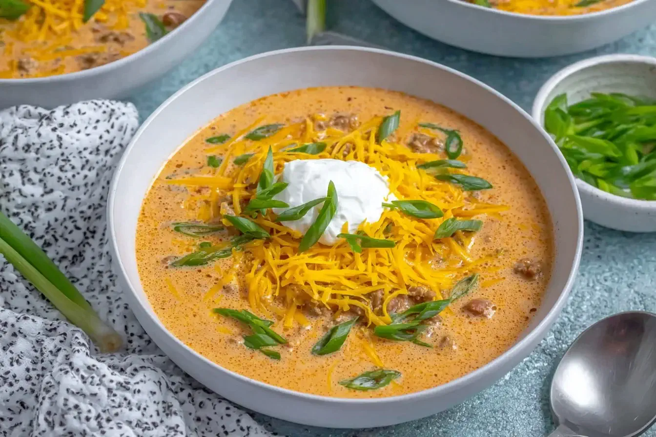Warm bowl of Crockpot Creamy Pumpkin Chili topped with cheddar cheese, sour cream, and green onions.