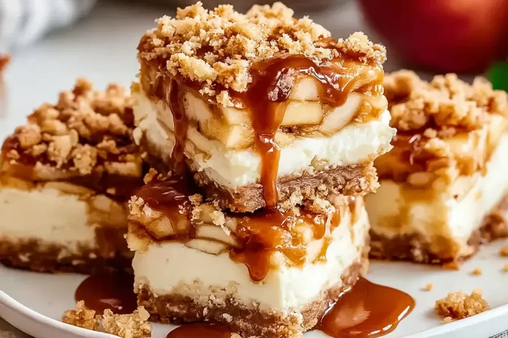 Stacked Caramel Apple Cheesecake Bars with dripping caramel and streusel topping