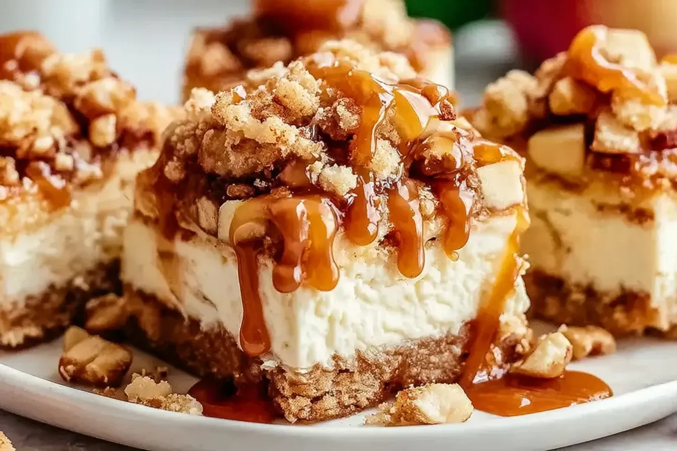 Caramel Apple Cheesecake Bars topped with buttery streusel and rich caramel sauce dripping down the sides