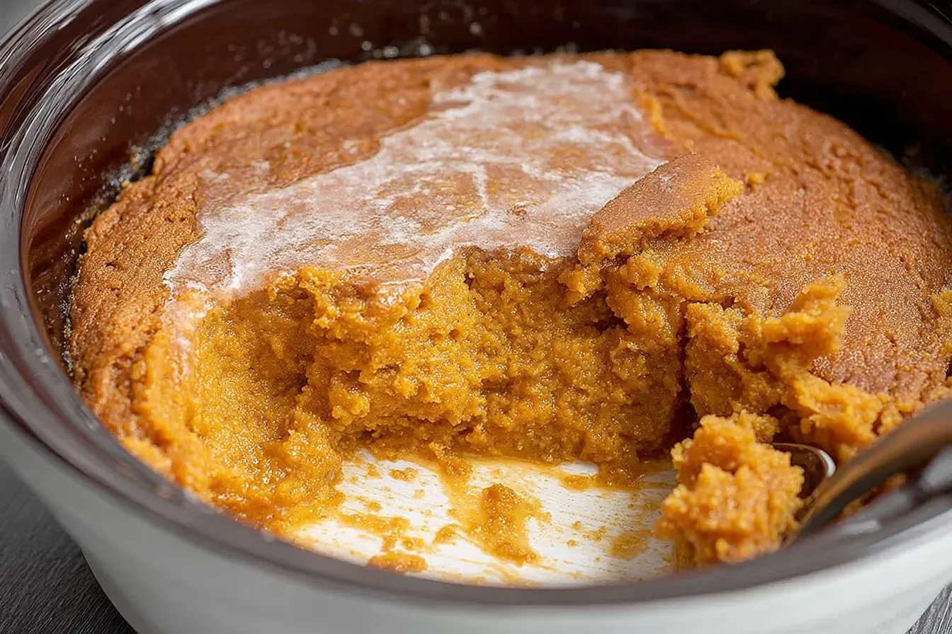 Slow Cooker Pumpkin Pie Pudding freshly cooked in a crockpot with a golden, set top and creamy center