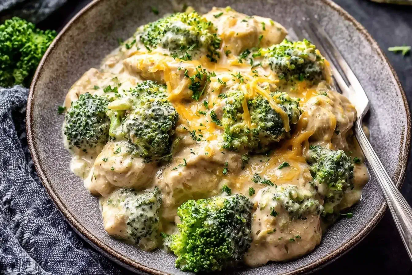 Crockpot Creamy Broccoli Cheddar Chicken served in a bowl with tender chicken, fresh broccoli, and melted cheddar cheese in a rich creamy sauce.