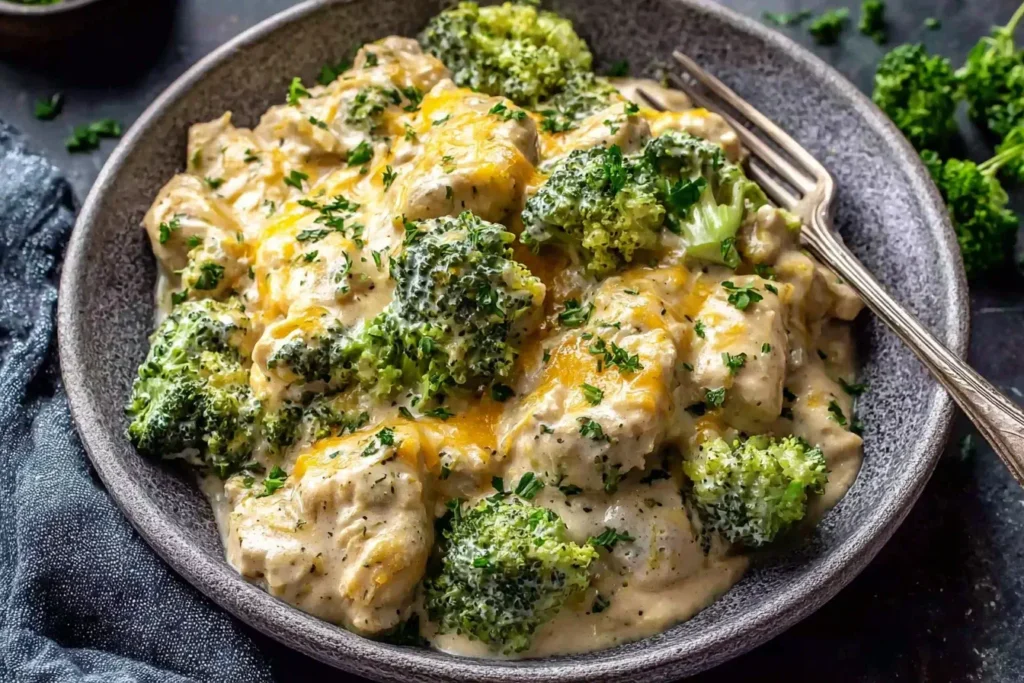Crockpot Creamy Broccoli Cheddar Chicken in a bowl with juicy chicken, tender broccoli, and melted cheddar in a rich, creamy sauce.
