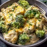 Crockpot Creamy Broccoli Cheddar Chicken in a bowl with juicy chicken, tender broccoli, and melted cheddar in a rich, creamy sauce.