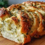 Freshly baked Swirled Garlic Herb and Cheese Bread with golden crust, gooey mozzarella layers, and fragrant herbs on a wooden cutting board.