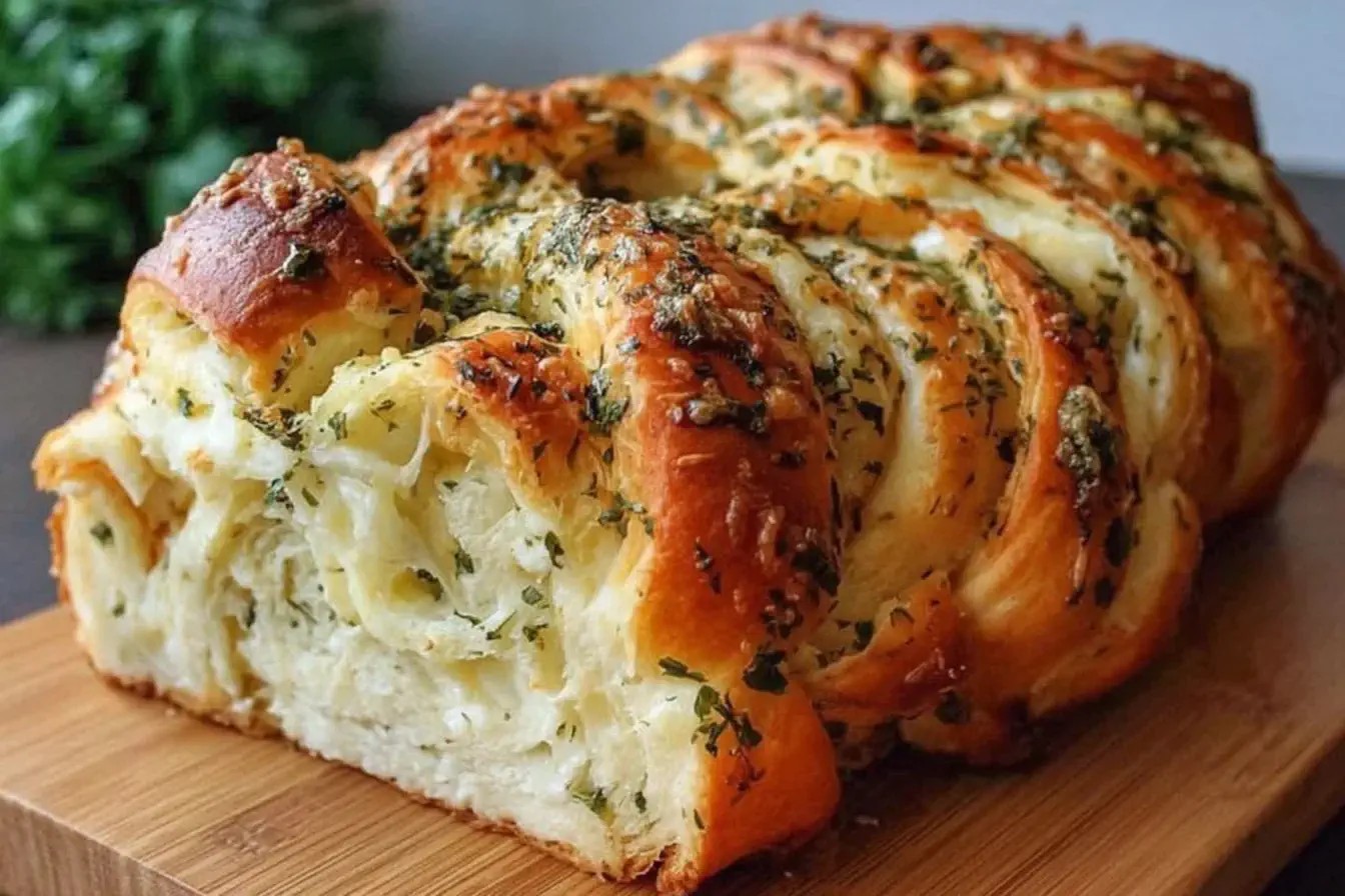 Freshly baked Swirled Garlic Herb and Cheese Bread with golden crust, gooey mozzarella layers, and fragrant herbs on a wooden cutting board.