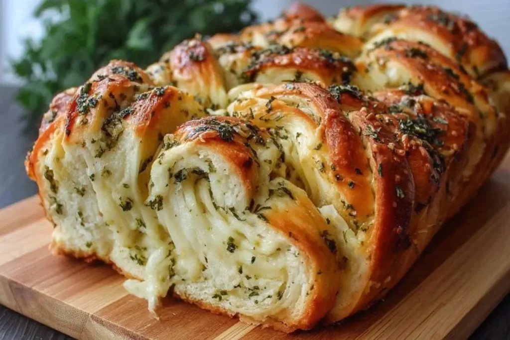 Close-up of Swirled Garlic Herb and Cheese Bread showing golden crust, melted mozzarella swirls, and fresh herbs baked to perfection on a wooden board.