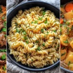 A three-dish collage featuring beef ramen, creamy pasta, and hearty chicken stew, representing comforting meals from the “15 Simple Dinner Ideas” collection.