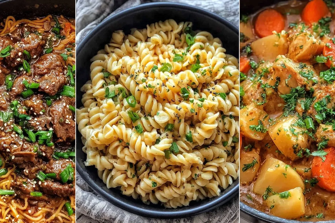 A three-dish collage featuring beef ramen, creamy pasta, and hearty chicken stew, representing comforting meals from the “15 Simple Dinner Ideas” collection.