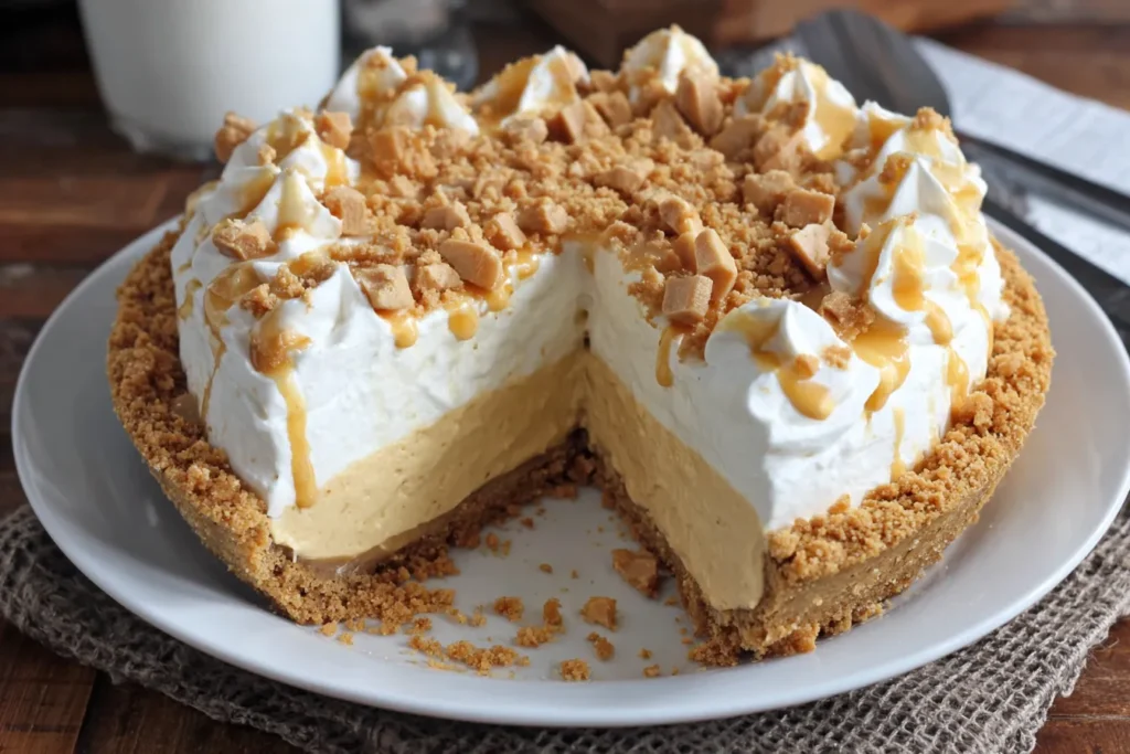Amish Peanut Butter Cream Pie topped with whipped cream, peanut butter crumbles, and caramel drizzle, showing a creamy slice removed.