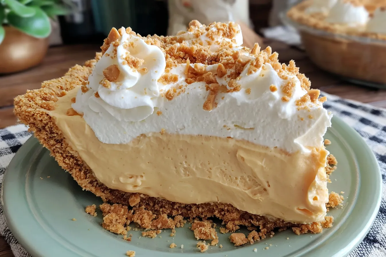 Slice of Amish Peanut Butter Cream Pie with thick peanut butter filling, whipped topping, and crunchy crumble crust.